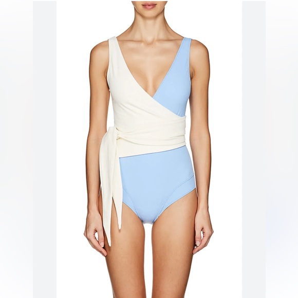 LISA MARIE FERNANDEZ**Blue/White Louise Wrap One-Piece Swim**Size 3;Large $550 - Picture 2 of 6